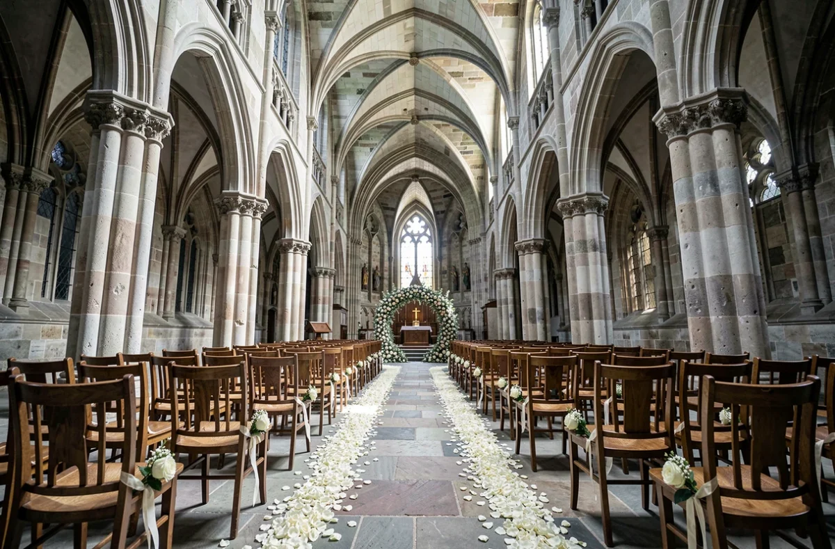 Allée de cérémonie de mariage dans les arches gothiques de l'Abbaye des Prémontrés à Pont-à-Mousson