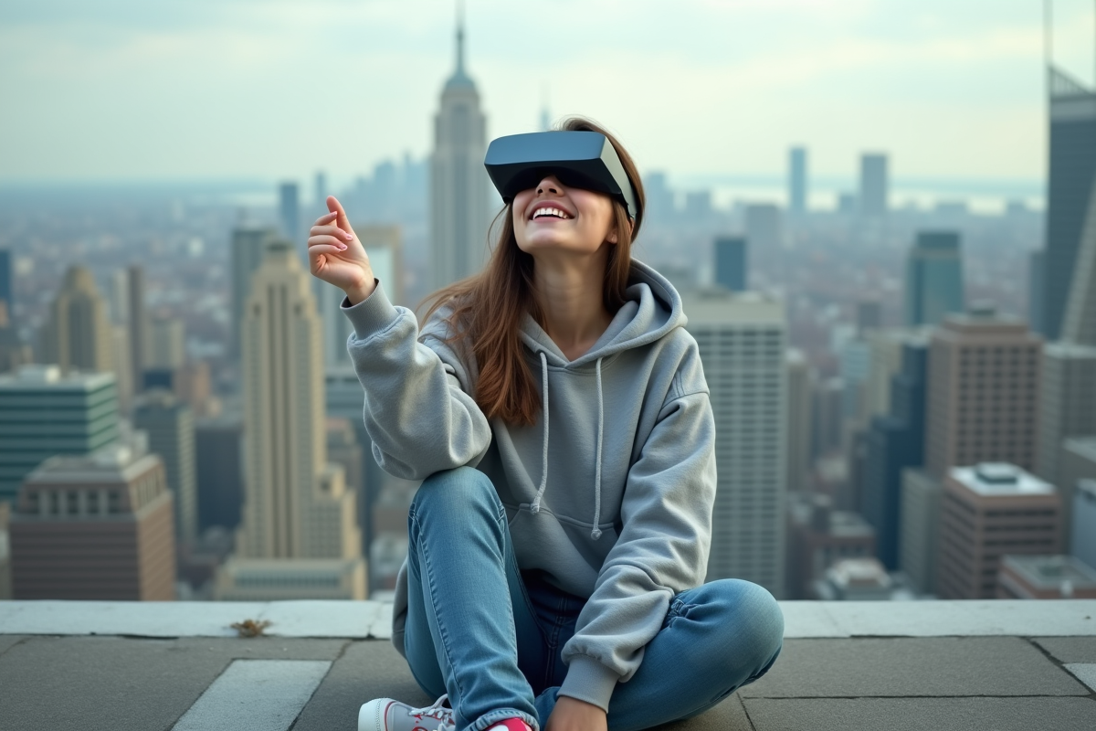 Adolescente regardant un drone depuis un rooftop urbain