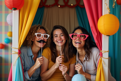 Trois amis rient dans une cabine photo festive