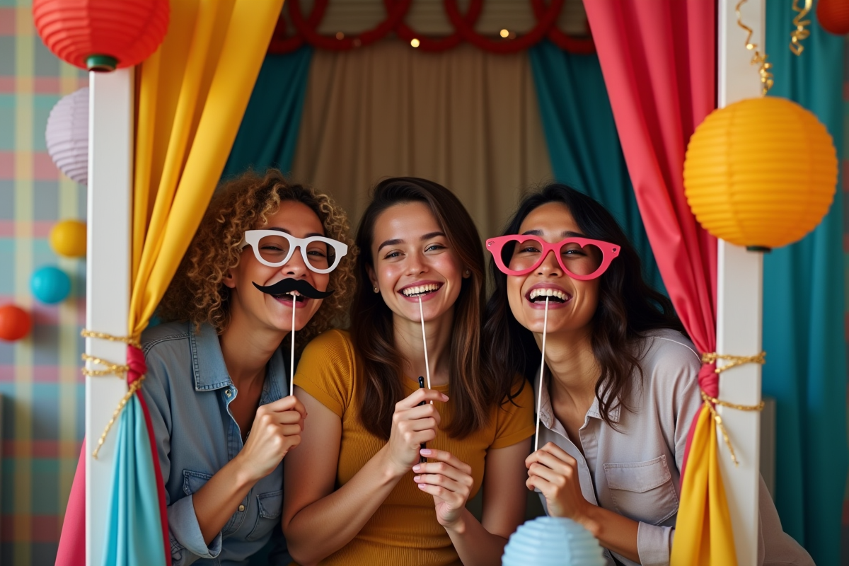 Trois amis rient dans une cabine photo festive