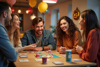 Groupe d'amis riant autour d'un jeu de société coloré