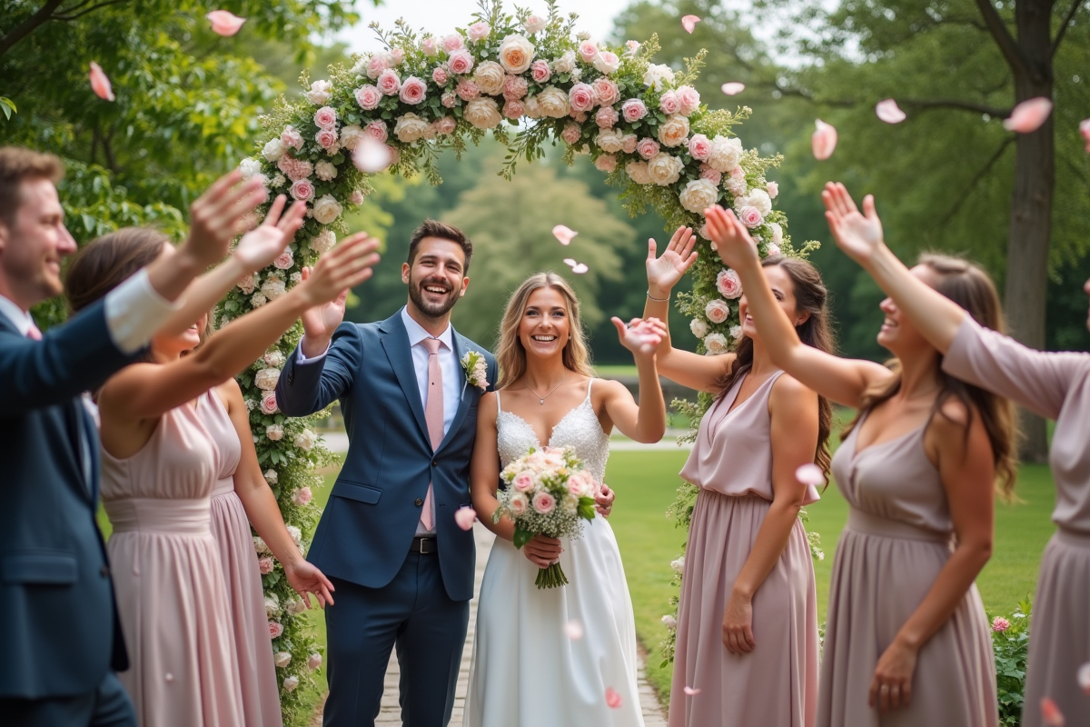 Amis lançant des pétales autour du couple en jardin printanier