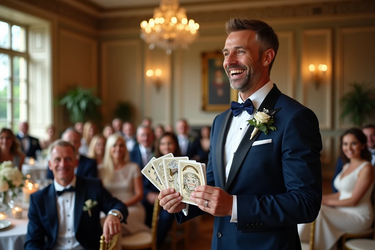 Animateur de mariage présentant des jeux de gages bienveillants à des invités souriants dans une salle de réception élégante