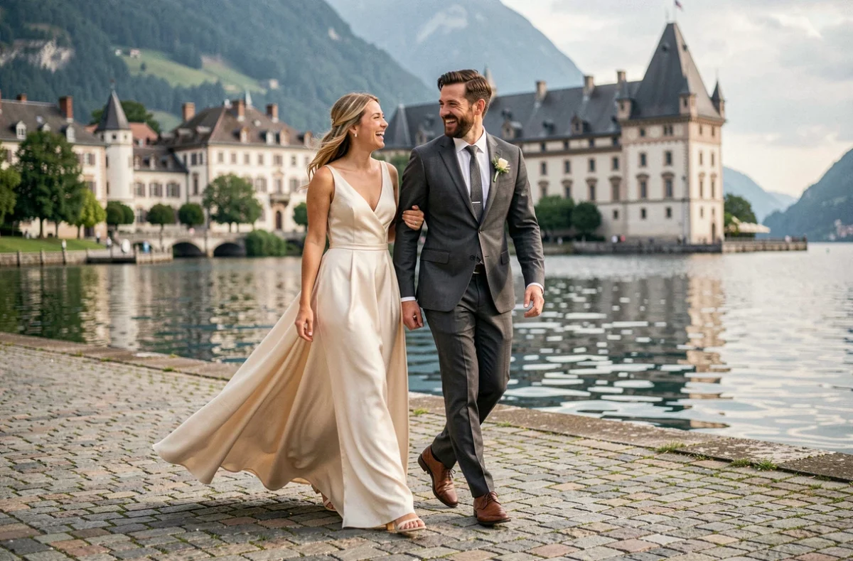 Couple de mariés se promenant au bord du lac d'Annecy en Haute-Savoie, la mariée en robe de soie et le marié en costume gris anthracite devant le Palais de l'Isle