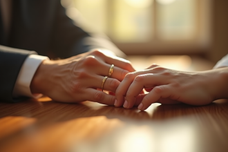 Mains de couple avec alliances sur table en bois
