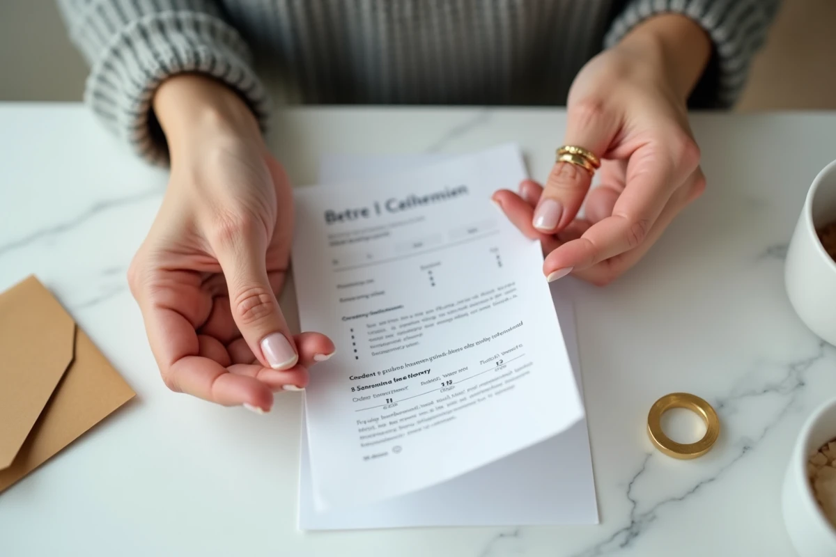 Mains tenant une bague et une confirmation de commande en ligne pour un pacs avec un outil de mesure de taille