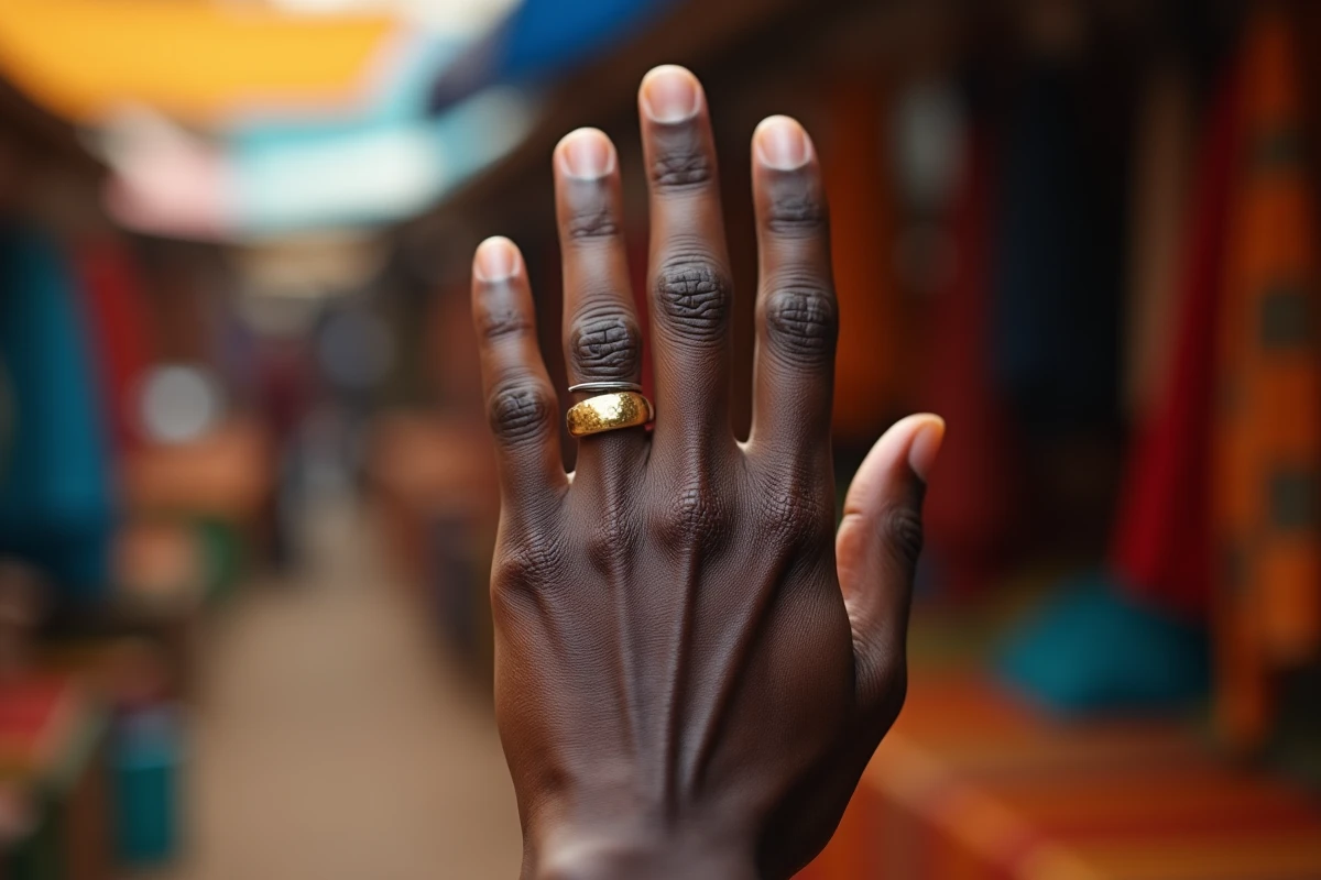 Main masculine portant des bagues traditionnelles africaines en laiton et argent devant un marché coloré en plein air