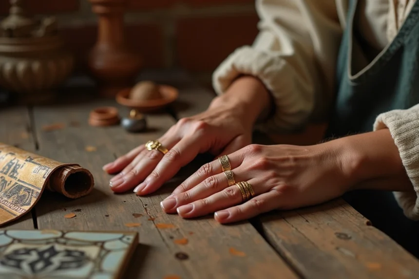 Mains féminines portant des bagues culturelles en or sur plusieurs doigts, posées sur une table en bois ancien avec des objets artisanaux