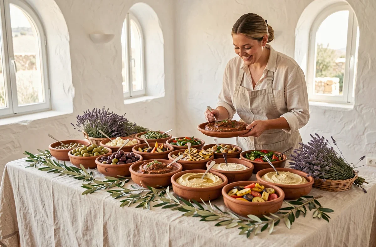 Buffet de mariage méditerranéen de Brend'Oliv avec des bols de tapenade, olives marinées et légumes grillés sur une table décorée de branches d'olivier