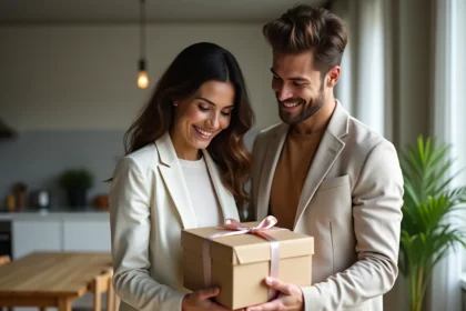 Couple célébrant leur PACS en déballant un cadeau élégant dans un appartement parisien moderne