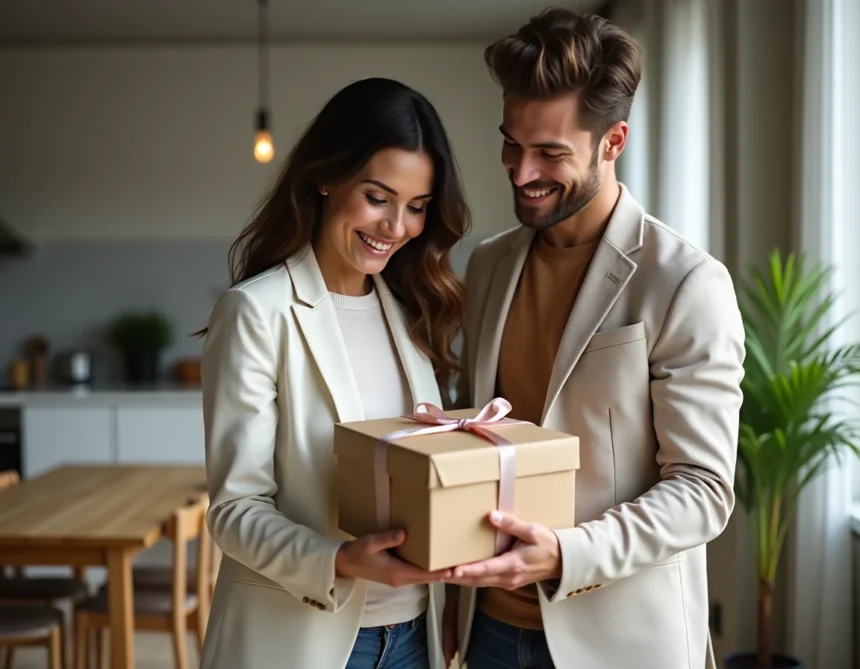 Couple célébrant leur PACS en déballant un cadeau élégant dans un appartement parisien moderne