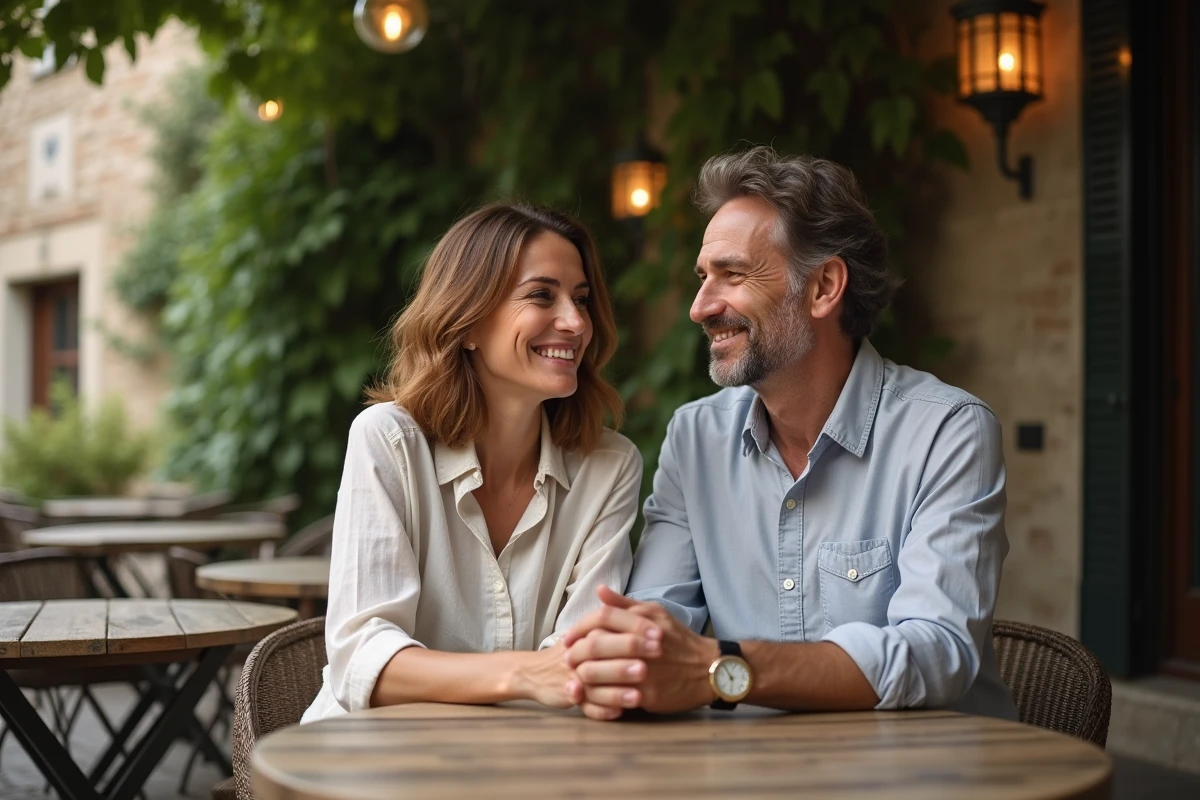 Couple souriant dans un café en terrasse en extérieur