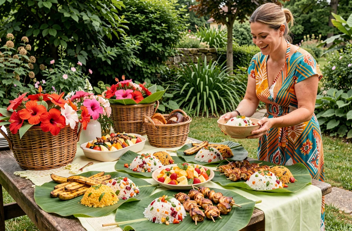 Table de buffet caribéen de La Case des Îles avec des feuilles de bananier, riz coloré, brochettes marinées et fruits tropicaux pour un mariage en plein air