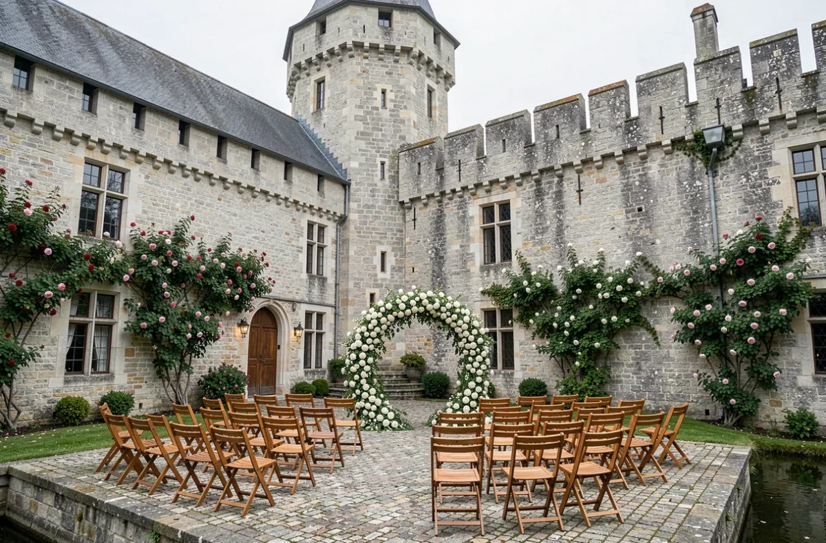 Cour intérieure du Château de Boucq préparée pour une cérémonie de mariage avec arche florale devant les remparts médiévaux