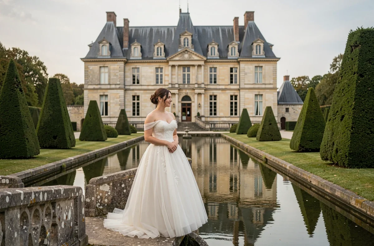 Mariée en robe de tulle sur le pont du Château de Morey avec reflet du château Renaissance dans les douves