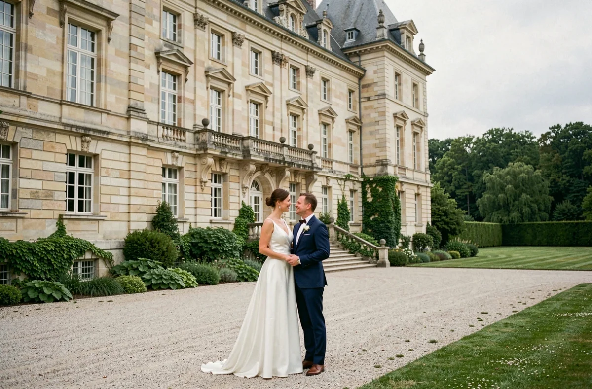 Couple de mariés devant la façade en pierre du Château des Landes en Meurthe-et-Moselle