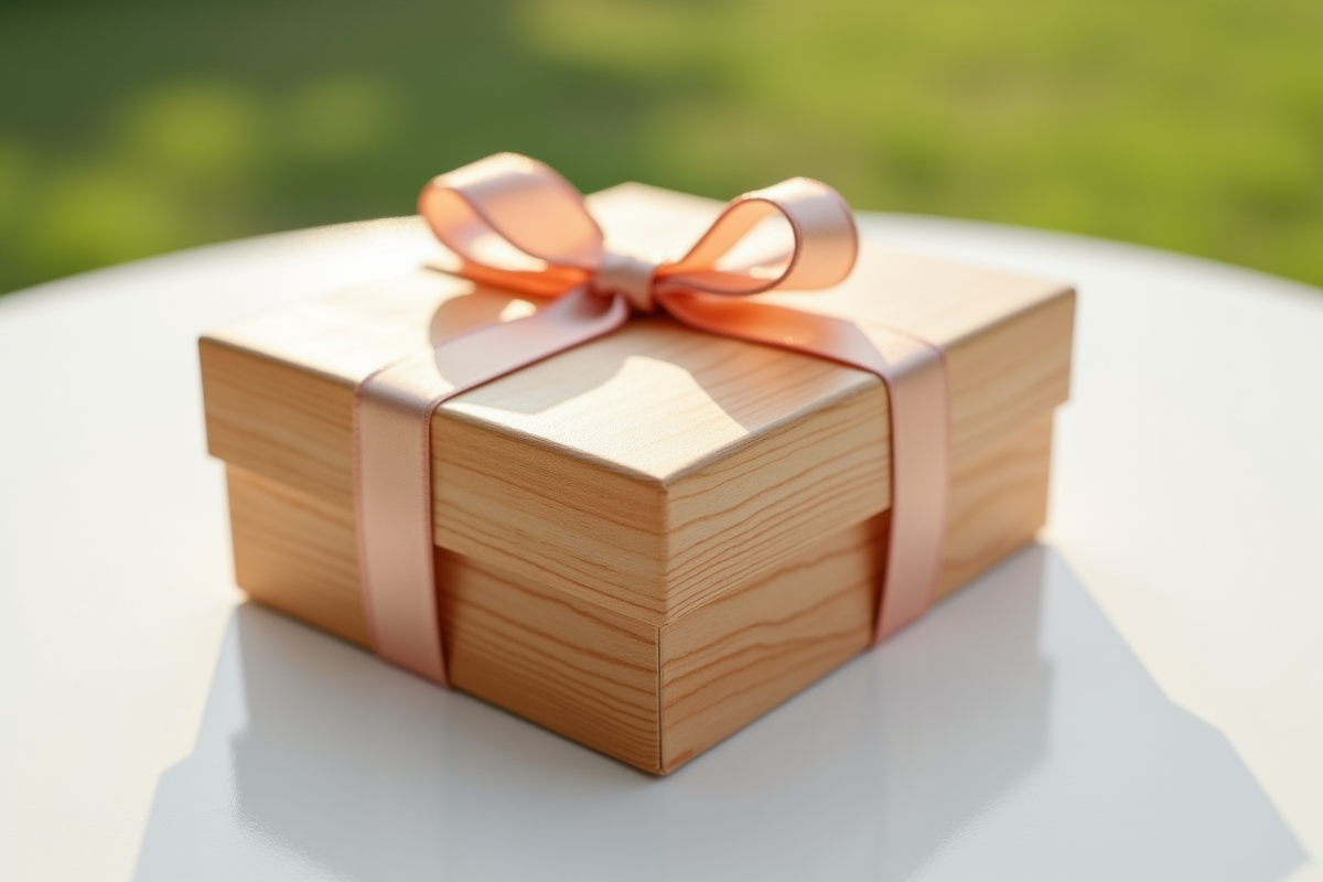 Coffret cadeau en bois avec ruban sur surface blanche