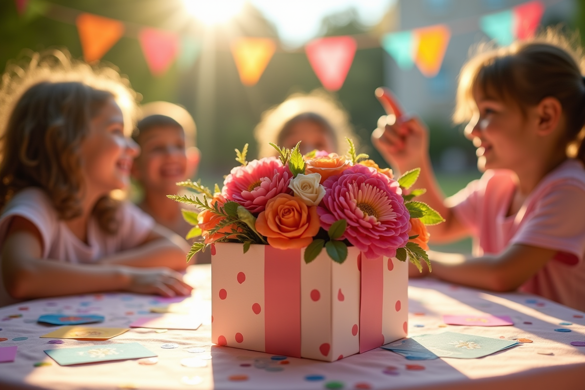 Coffret de jeu de société avec bouquet de fleurs lors d