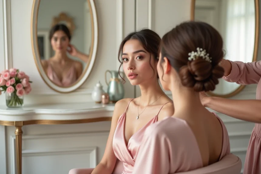 Coiffeuse professionnelle réalisant un chignon élégant sur une demoiselle d'honneur en robe rose dans un salon de mariage vintage