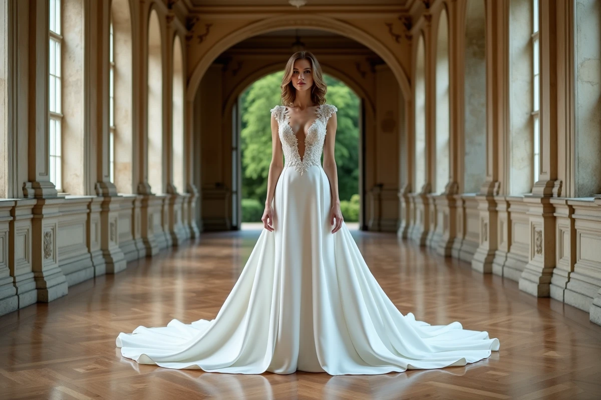 Mariée en combinaison blanche brodée à coupe palazzo dans un couloir de château avec parquet et hautes fenêtres