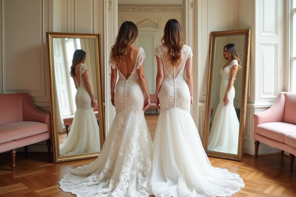 Deux femmes comparant une robe de mariée en dentelle guipure moderne et une robe en dentelle Chantilly classique dans un salon de mariage élégant