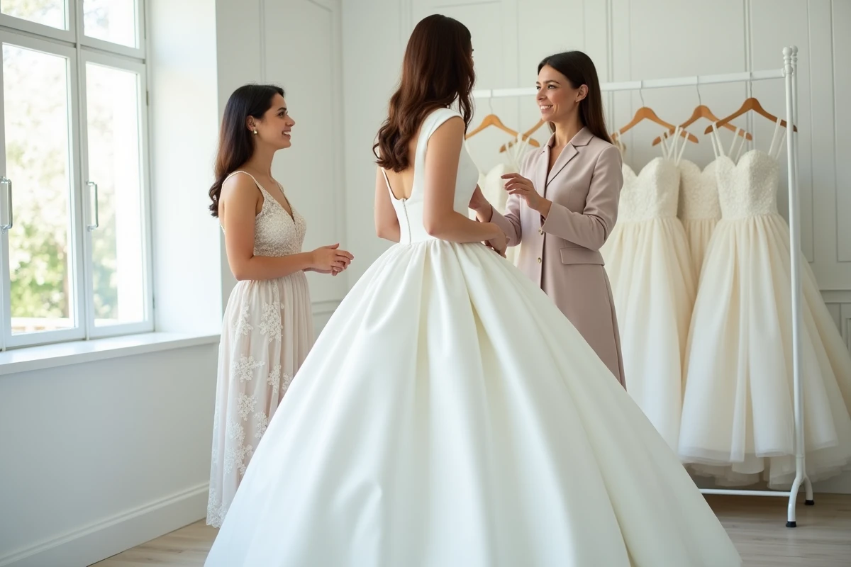Styliste conseillant une mariée sur le choix d'une robe blanche à volume excessif, erreur de proportion à éviter pour le mariage