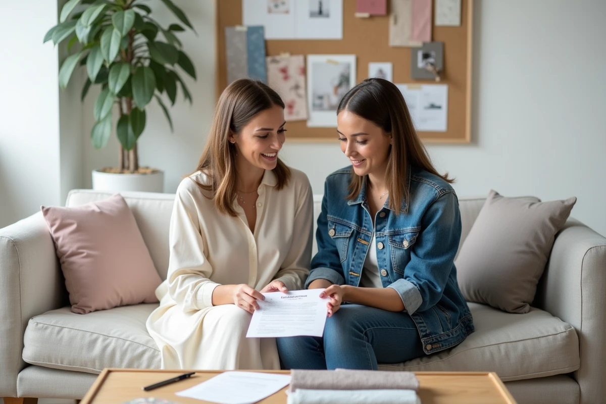 Wedding planner et future mariée consultant une grille tarifaire ensemble dans un studio de consultation mariage