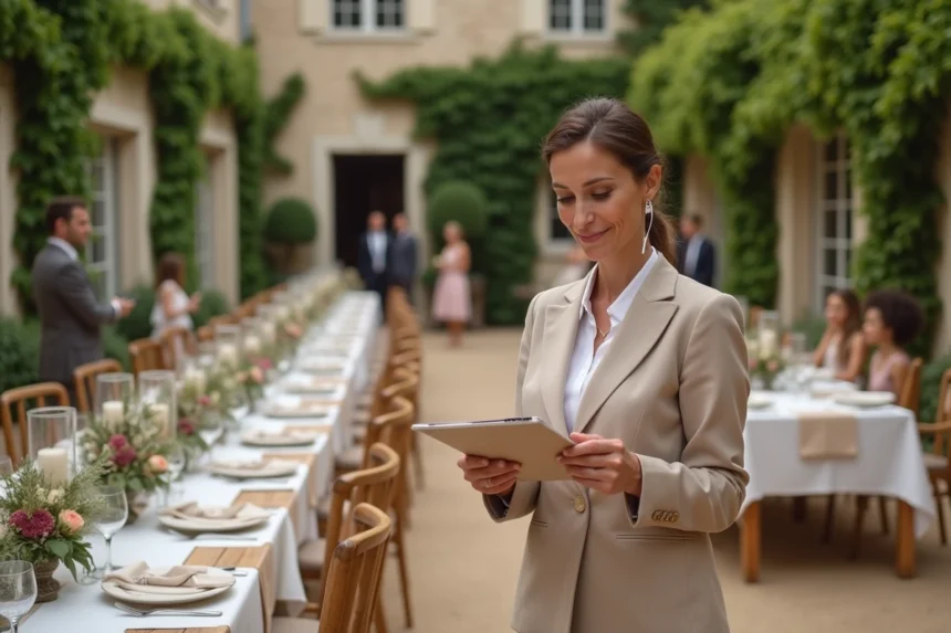 Coordinatrice de mariage supervisant la décoration d'un domaine viticole en Gironde avec tables en bois rustiques et château en pierre en arrière-plan