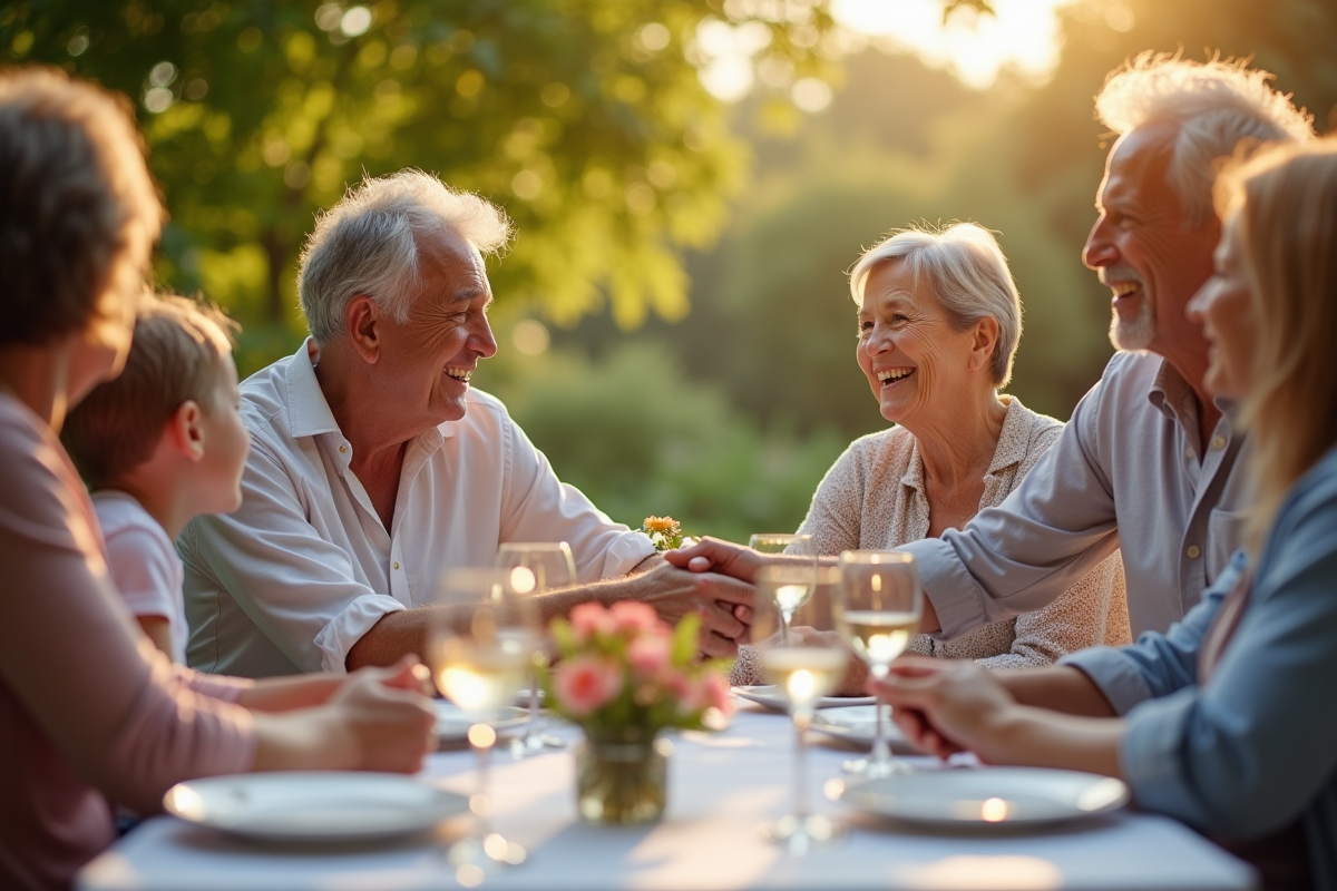 Couple âgé souriant lors de leur anniversaire dans un jardin