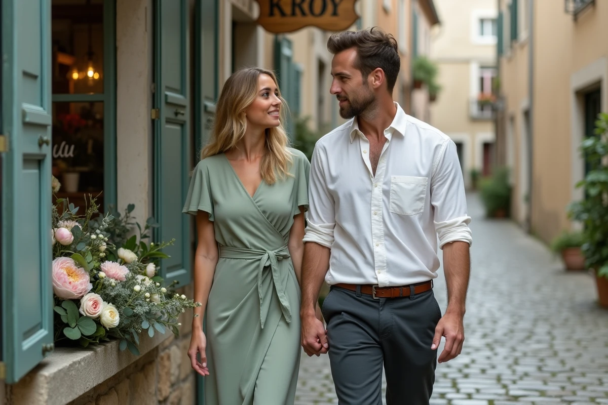 Jeune couple marié se promenant dans une rue pavée d'un village français devant une boutique de fleurs pittoresque