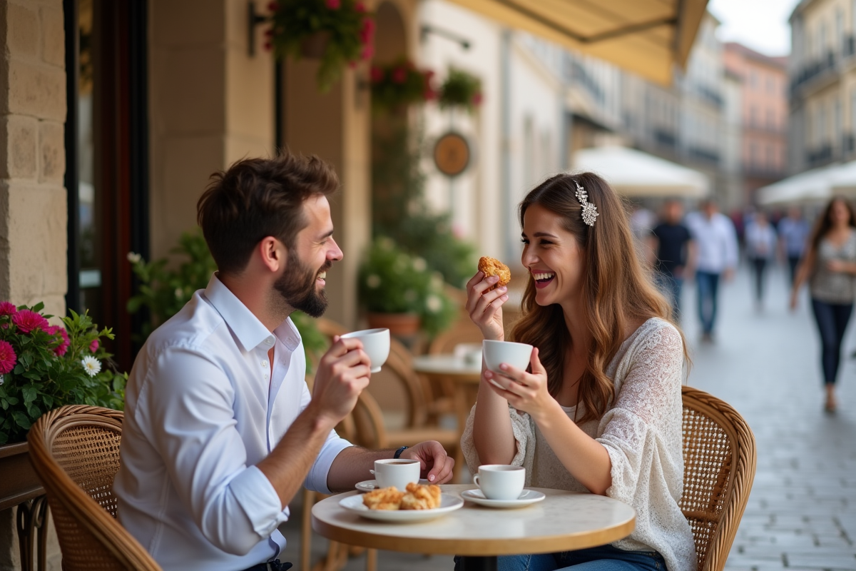 Jeune couple riant dans un café européen en ville
