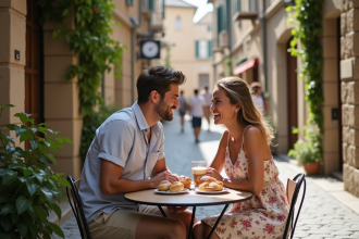 Jeune couple partageant des pâtisseries dans un café européen