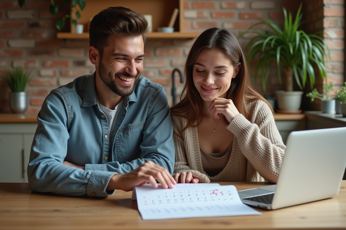 Jeune couple souriant planifiant avec calendrier et ordinateur