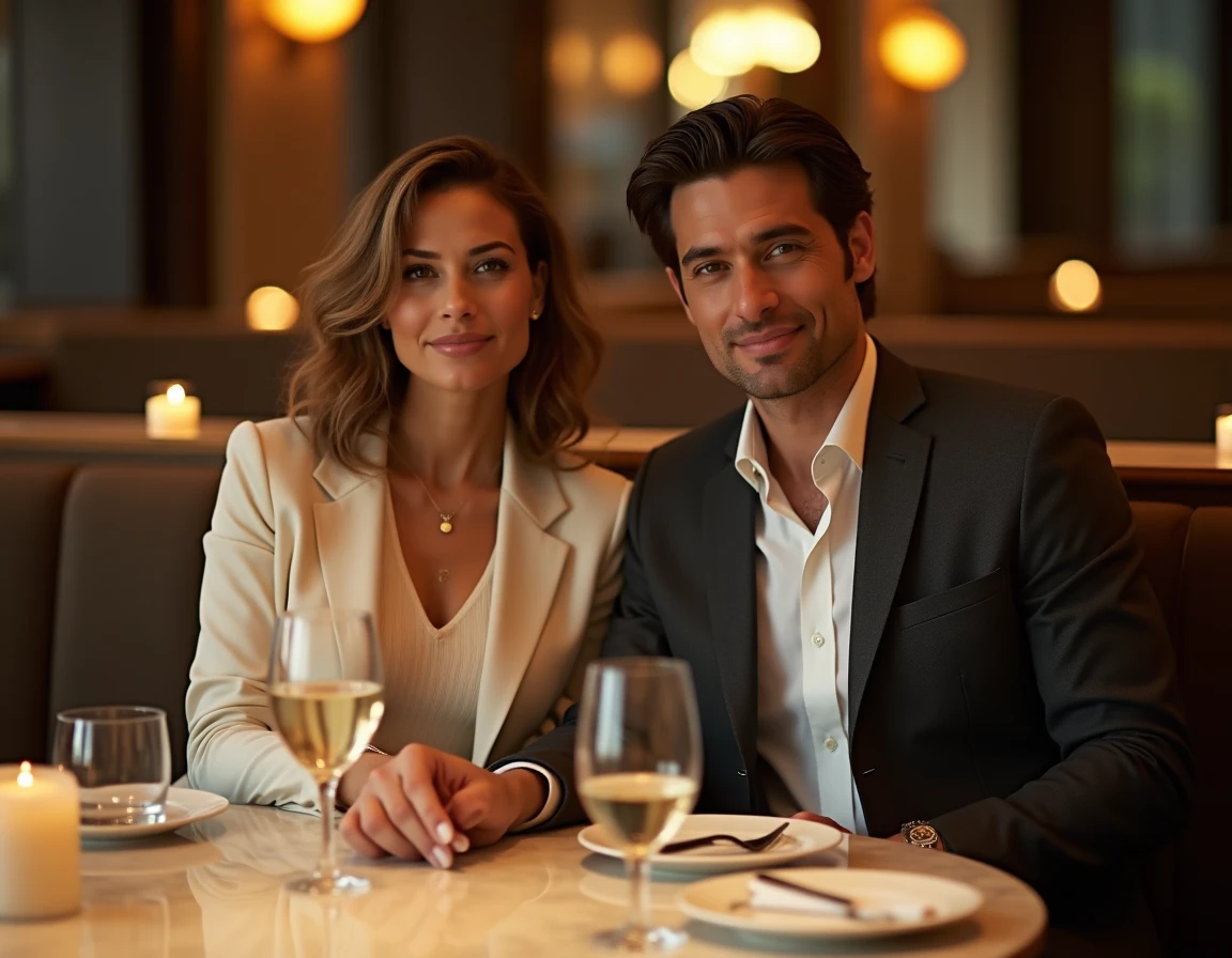Couple élégant en tenue de luxe assis dans un restaurant huppé, image style paparazzi pour article people