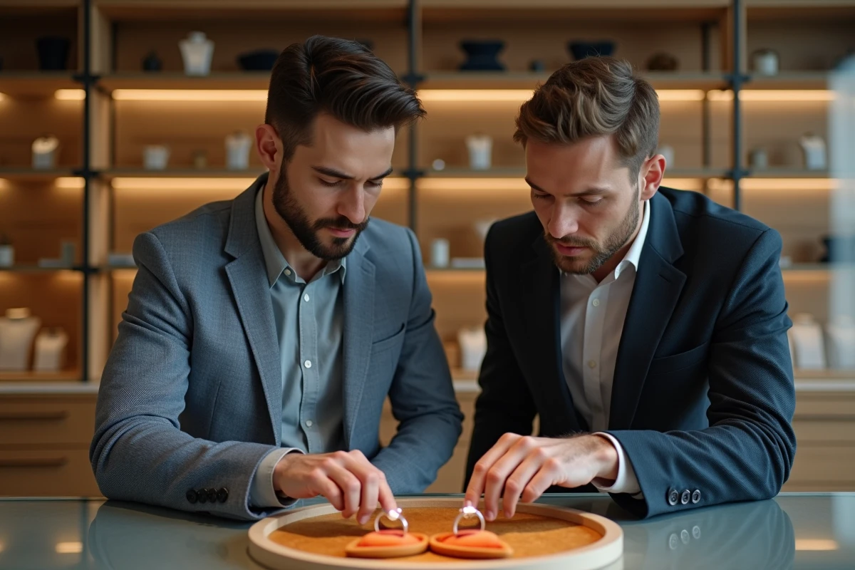 Couple masculin comparant des bagues dans une bijouterie pour leur pacs
