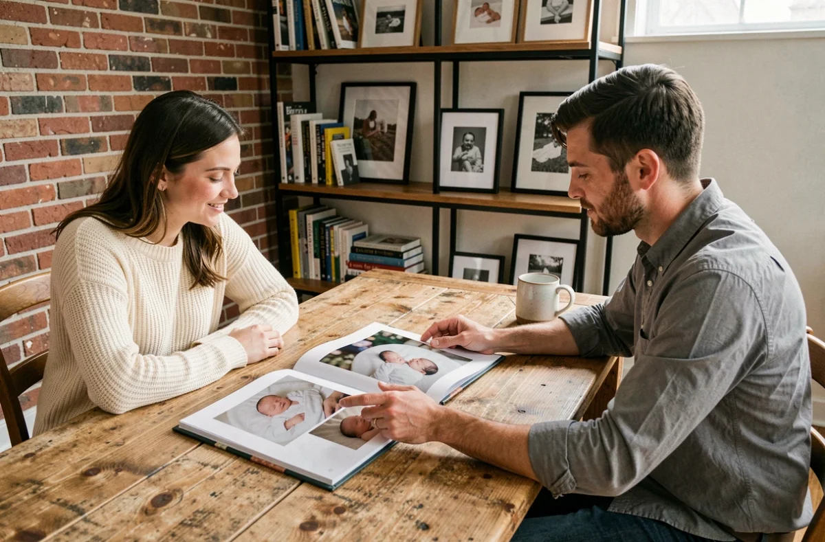 Un couple en consultation avec un photographe de naissance, feuilletant un album photo de nouveau-nés lors d'un entretien avant séance