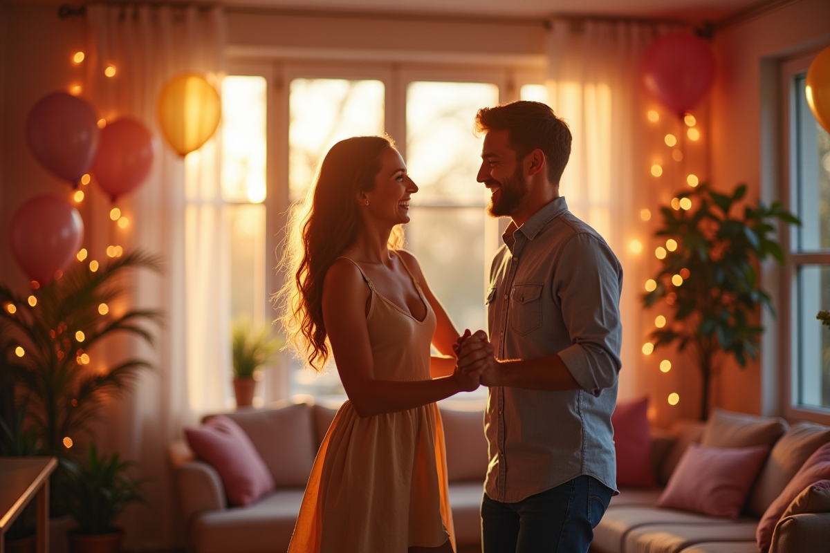 Couple riant et dansant dans leur salon décoré romantique