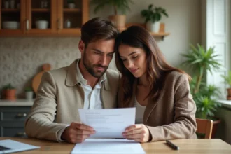 Jeune couple en train de revoir des documents dans une cuisine chaleureuse