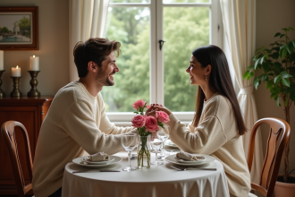 Jeune couple heureux autour d'une table cosy avec roses
