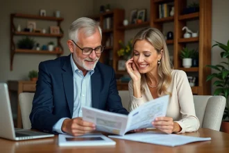 Couple en tenue élégante discutant à table de voyage