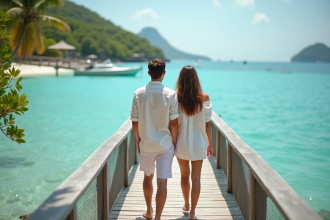 Jeune couple souriant sur un pont en bord de mer tropicale