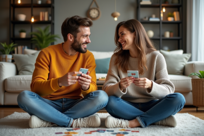 Jeune couple souriant jouant à un jeu de société dans un salon