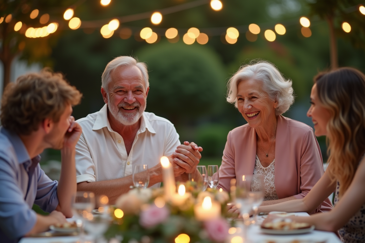 Couple âgé souriant lors d'une fête dans un jardin décoré