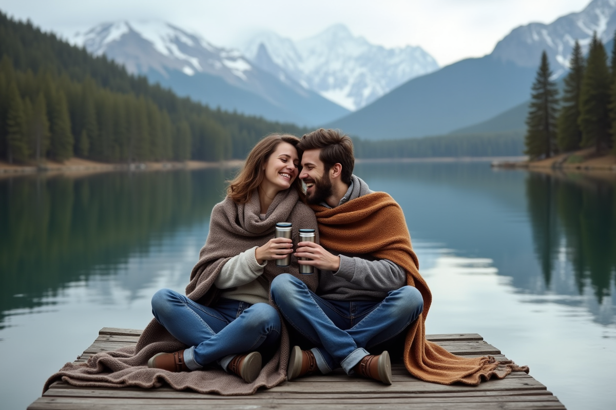 Couple assis au bord du lac alpin partageant un café