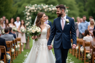 Jeune couple marié dans un jardin lors de la cérémonie