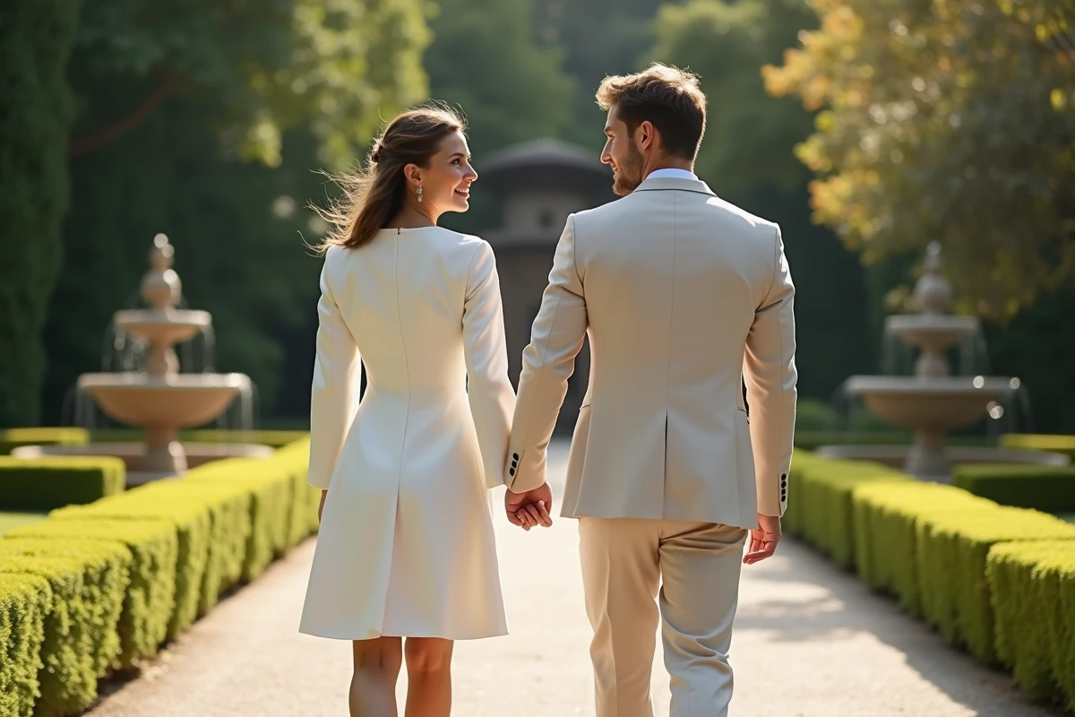 Couple souriant dans un jardin après mariage