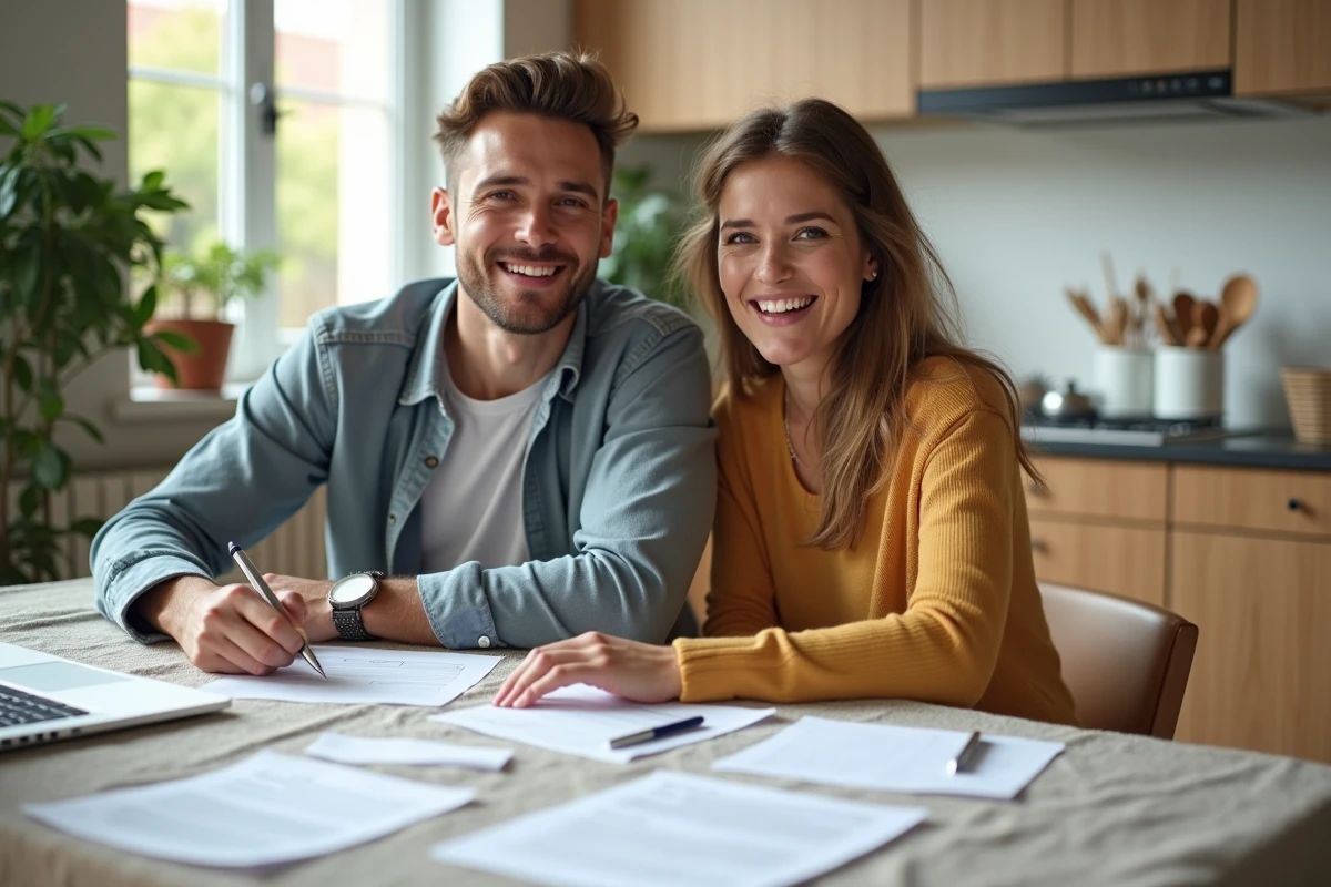 Couple souriant avec documents de mariage et ordinateur
