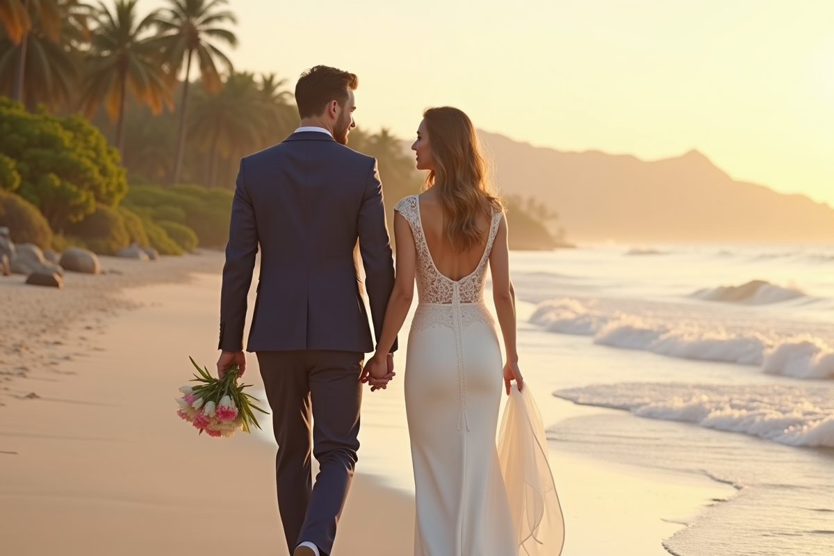 Jeune couple marié marche sur plage tropicale au lever du soleil