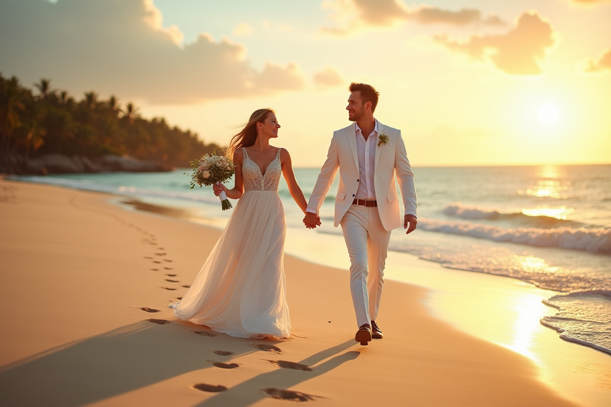 Jeune couple marié marchant sur la plage tropicale au coucher du soleil