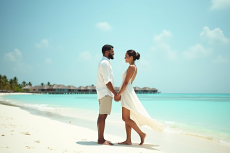 Jeune couple marié sur la plage de sable blanc en vacances